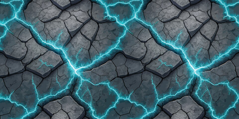 An abstract illustration of cracked stone with glowing blue lightning, creating a dramatic and intense atmosphere.