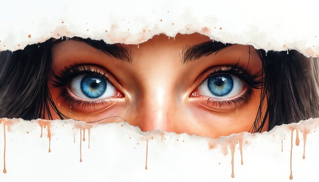 Blue eyes look through torn paper white background. Sad woman face close up with tear drops. Expressing pain and emotional suffering from trauma or abuse.