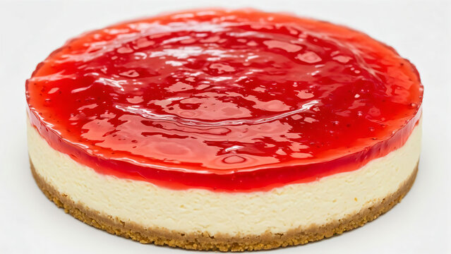A close-up studio shot captures a round cheesecake with a thick, glossy red strawberry or raspberry topping, centered against a plain white or very light gray background.
