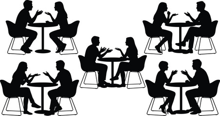 People talking silhouette set, men and women conversation scenes, discussion and communication concept, cafe meeting, black vector illustration