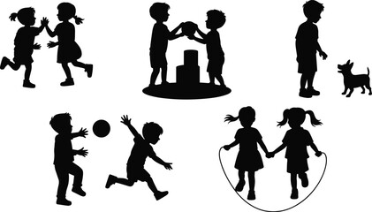 Children playing activities silhouette set, kids games, jumping rope, ball play, pet interaction, outdoor fun, black vector illustration