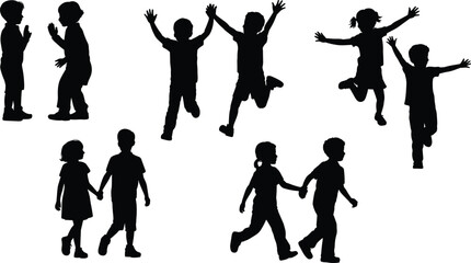 Happy children playing silhouette set, kids jumping, walking and holding hands, childhood joy, friendship concept, black vector illustration
