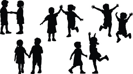 Happy children playing silhouette set, kids jumping and holding hands, childhood fun, friendship concept, active lifestyle, black vector illustration