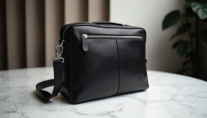 Modern black leather messenger bag with silver hardware. It has a shoulder strap and a top handle. This versatile accessory is perfect for business or travel needs.