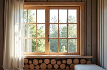 Wooden window frame with light curtains looks out to green forest. Interior room with log decoration on sill and paneled walls. Natural bright sunlight illuminates cozy space.