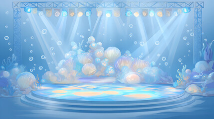 Underwater Themed Stage with Colorful Lighting and Coral Reef Decorations Featuring Stunning Marine Life Backdrop for Creative Event Space
