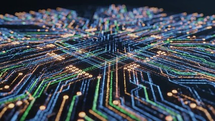 Dynamic abstract digital circuit board with vibrant glowing lines and interconnected dots illustrating the intricate flow of data and network connections symbolizing advanced technology artificial in. - Powered by Adobe