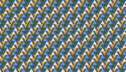 Fototapeta premium Luxury Seamless Equilateral Triangle Quilt Pattern Background – Forest Green Mustard Sky Blue Beige Decorative Vector Design