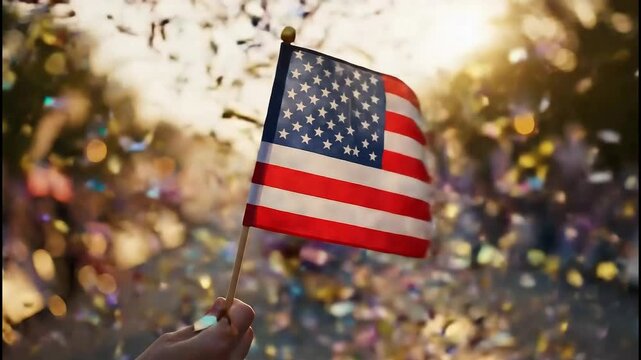 American Flag Held High During Patriotic Parade Celebration Sunset Light