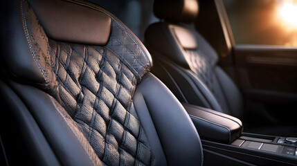Naklejka premium Luxurious black quilted leather car seat interior detail illuminated by warm golden hour sunlight streaming through the window
