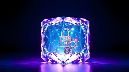Secure data protection with glowing blue crystal lock mechanism