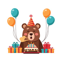 Obraz premium Festive Bear Character Celebrating Birthday with Cake Vector