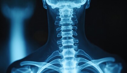 X ray view of human cervical spine shows neck bones. Detailed bone structure reveals spinal column details. Medical scan shows vertebral health and skeletal anatomy.