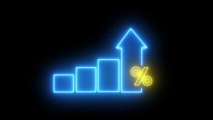 Blue glowing bar chart with upward arrow and yellow percentage symbol on black background yellow symbol