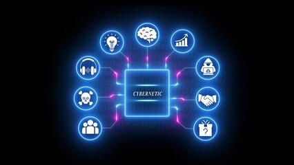 Blue glowing cybernetic interface with interconnected representing various concepts digital