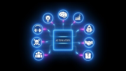 Blue glowing digital concept of automation with interconnected and symbols