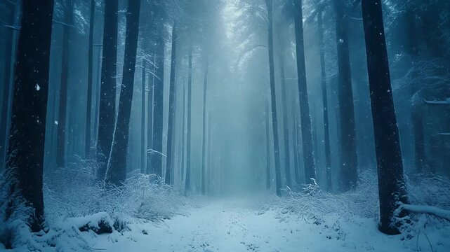 Cinematic winter woods with soft ambient snowfall and cold blue tones