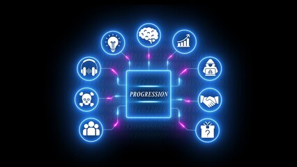 Blue glowing digital interface with progression concept and various around it
