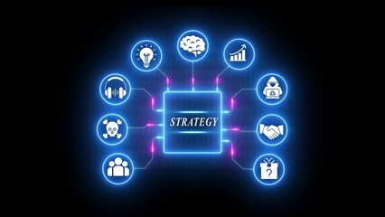 Blue glowing digital strategy concept with interconnected and central strategy box