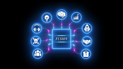 Blue glowing fusion concept with interconnected and brain symbol in digital background