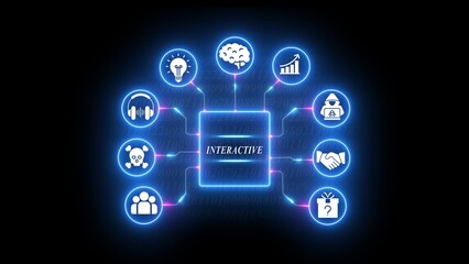 Blue glowing interactive digital interface with connected representing various functions