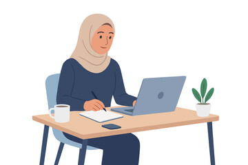 Muslim professional woman working on laptop at desk in modern office illustration