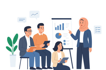 Professional business discussion with charts and teamwork in modern office illustration