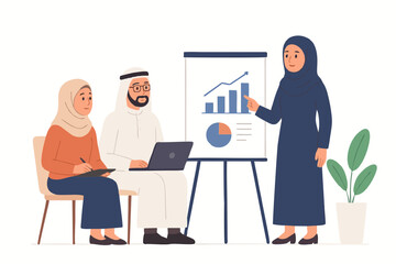 Muslim business team presenting financial data during professional office meeting illustration