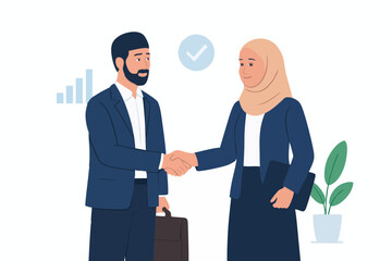 Fototapeta premium Business handshake between professionals, flat illustration symbolizing partnership and agreement.