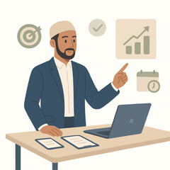 Muslim businessman working at desk with laptop and icons, flat illustration for business strategy themes.