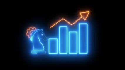 Blue neon chess horse with flame head next to a rising bar chart and upward trending line orange