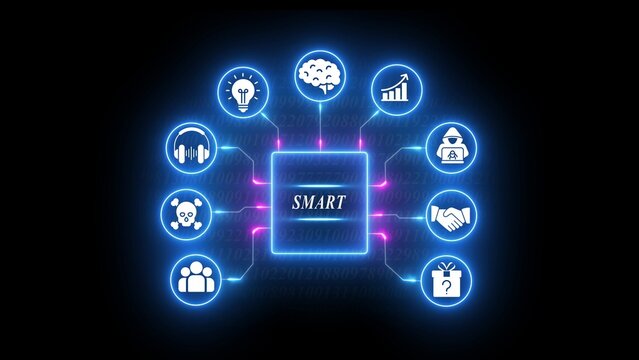 Blue glowing smart technology concept with interconnected and central square - Powered by Adobe