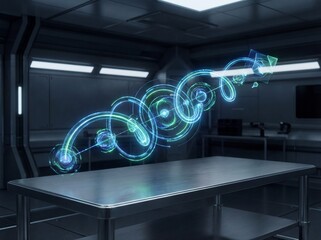 Futuristic Laboratory With Glowing DNA Hologram Over Metal Table Science Technology