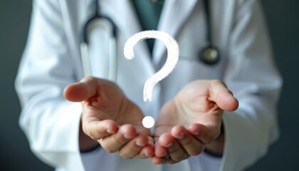 Doctor holds hands open with white question mark painted between them, asking for medical help, advice, or answers. Medical professional seeks solutions.