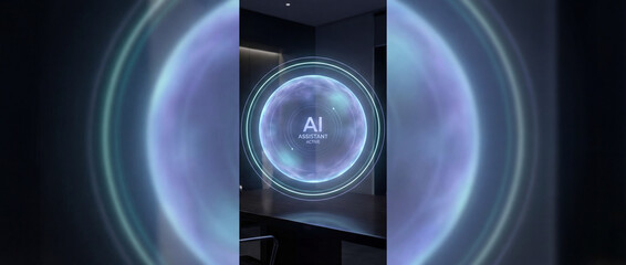 Glowing Blue Sphere With AI Text And Digital Rings In Dark Room