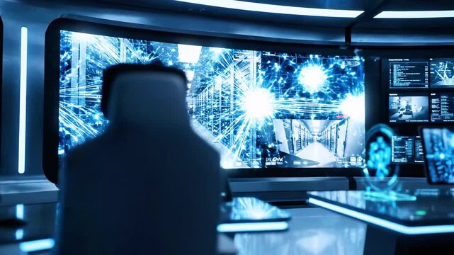 Futuristic data room glows blue intense as a lone operator monitors holographic information streams