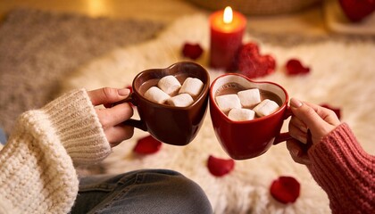 Two people clink heart-shaped mugs filled with hot chocolate, creating a cozy, warm indoor Valentine’s moment full of sweetness, comfort, and romantic simplicity.