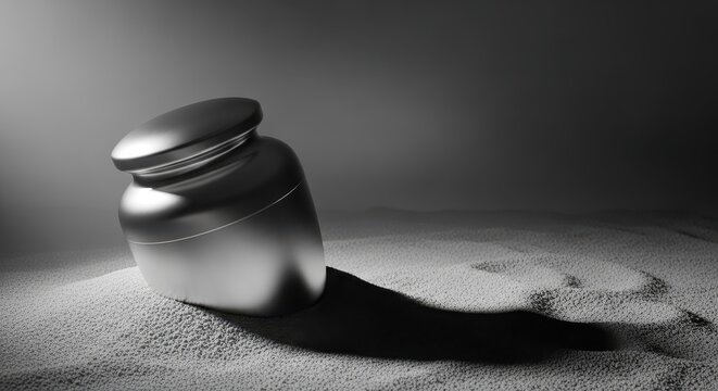 Silver jar resting on a textured surface,casting a dramatic shadow,representing elegance and minimalism in design and product presentation.concept of cremation ritual services.copy space.