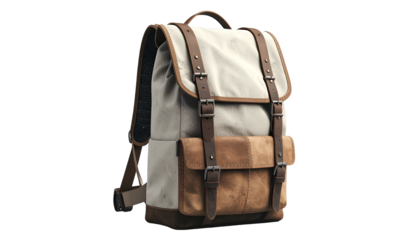 Canvas and leather backpack with multiple pockets and straps isolated on black