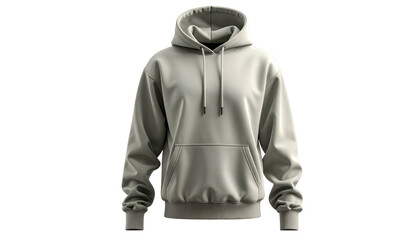 A neutral-colored, hooded sweatshirt with a kangaroo pocket, isolated on black