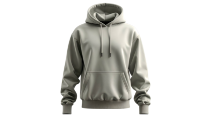 A neutral-colored, hooded sweatshirt with a kangaroo pocket, isolated on black