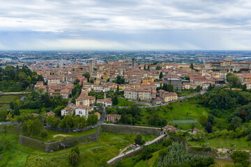 Fototapeta premium Aerial view over Bergamo suburbs - Bergamo, Italy