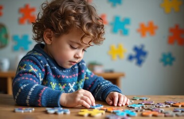 Child plays with colorful puzzle pieces. Focuses on putting jigsaw together, learning and developing skills at table. Background shows large puzzle shapes on wall.
