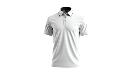 White short-sleeved polo shirt with black collar and buttons, against a black background