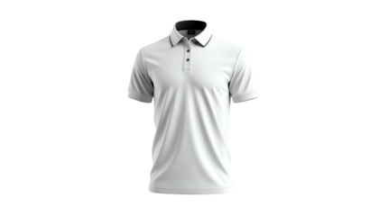 White short-sleeved polo shirt with black collar and buttons, against a black background