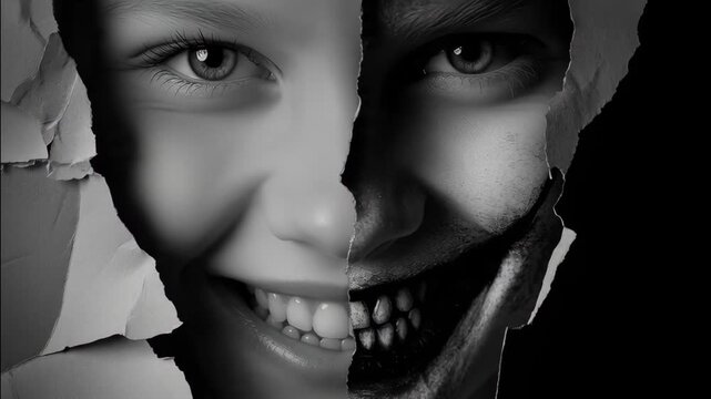Dual Faces: A powerful depiction of the duality of human nature, with the face split to reveal contrasting emotions: joy on one side, and something darker on the other.
