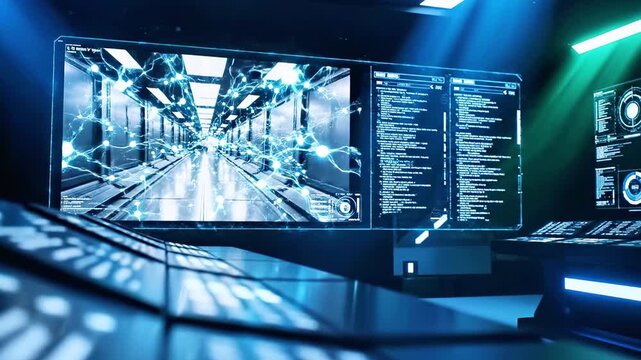 A futuristic data center with neon blue lights, glowing monitors, and code-filled screens. Neon glow