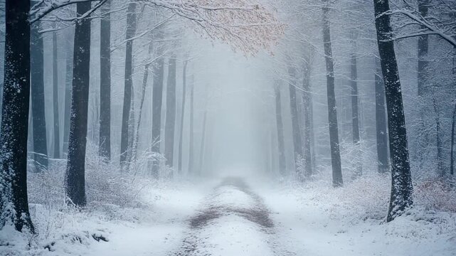 Snowy woodland path with light snowfall and soft misty atmosphere