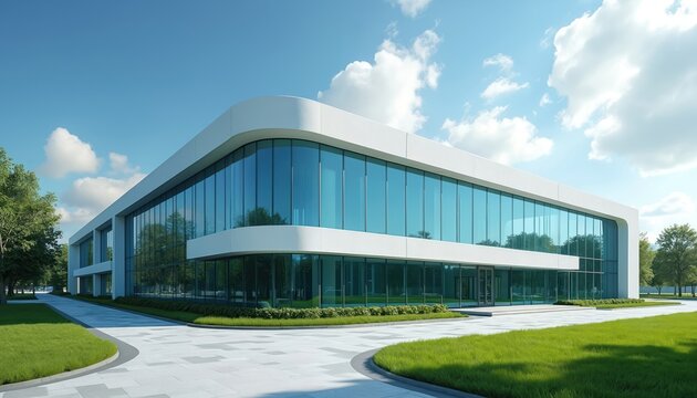 Modern white research laboratory building exterior with large blue glass windows. Lush green trees and manicured lawns surround the clean architectural structure on a bright sunny day.