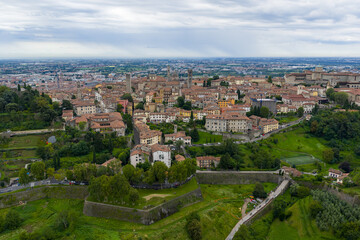 Aerial view of Citt&agrave; Alta and Venetian walls - Bergamo, Italy